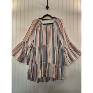 Spense Women's Blue Pink Stripe Bell Sleeves Long Tier Peasant Top Size M Fairy